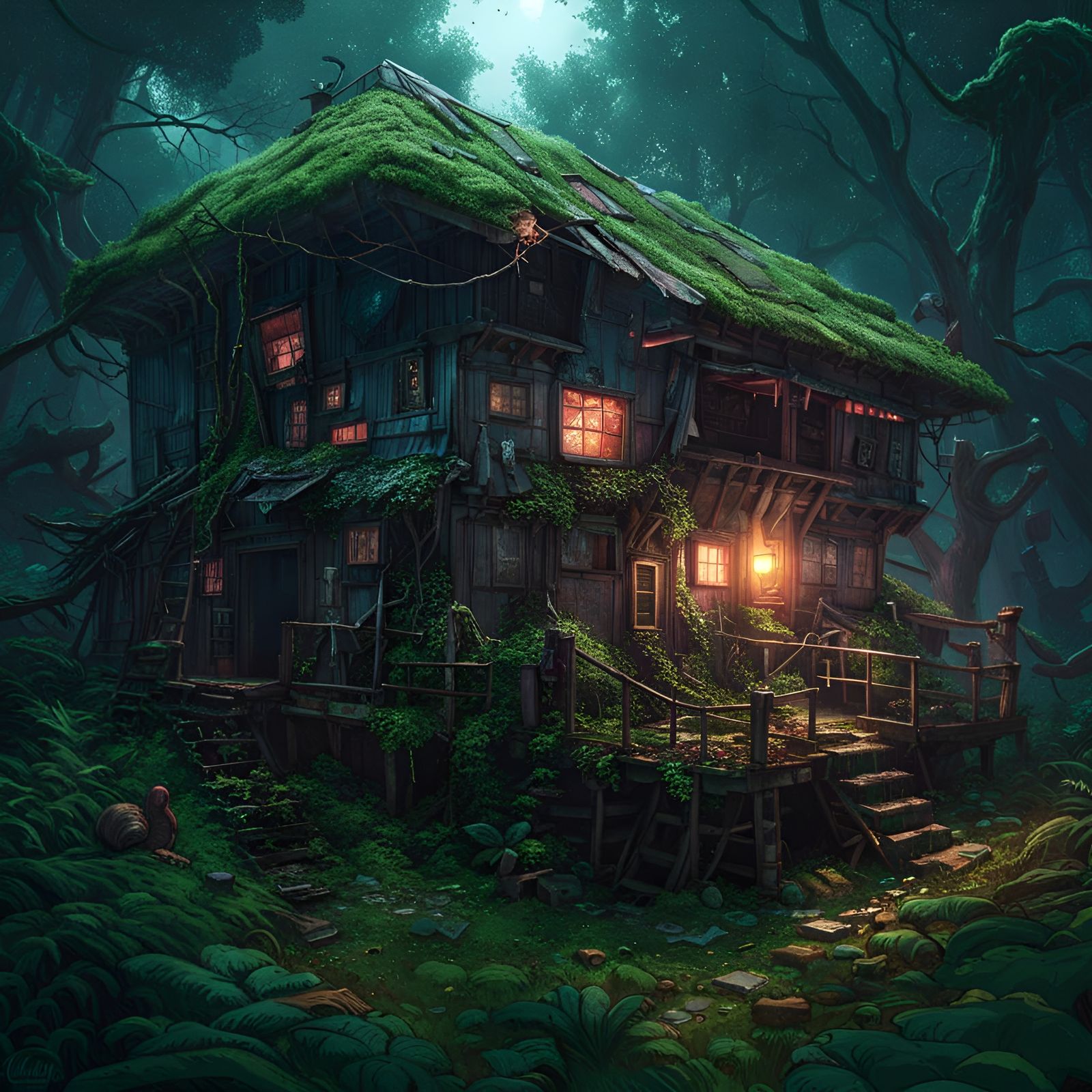 Cyberpunk Hut in Moonlit Forest