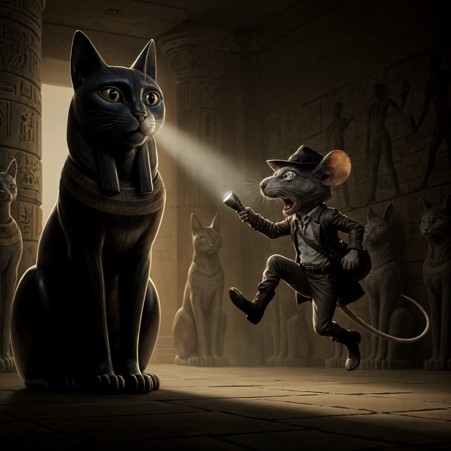 Mouse Archaeologist's Feline Discovery: Dark Fantasy Art