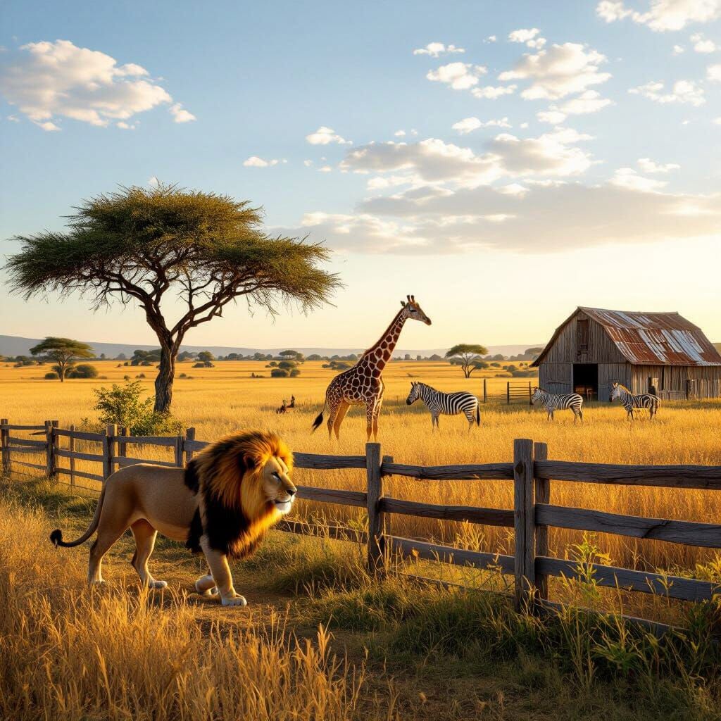 Golden Hour Farm Scene with Exotic Animals