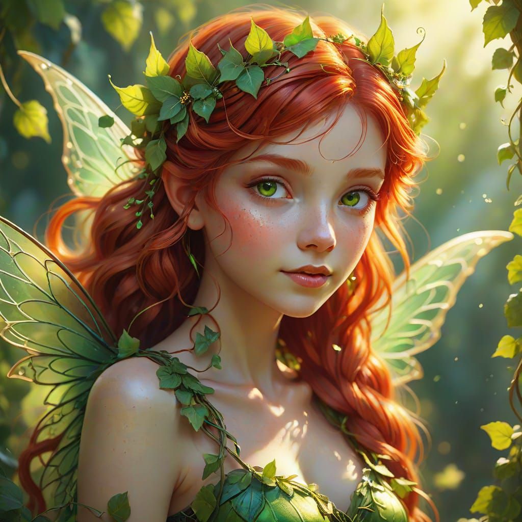 Red-Haired Fairy with Green Wings in Golden Light
