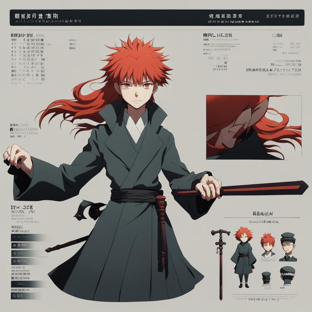 Red-Haired Anime Villain Character Sheet in Anime Style