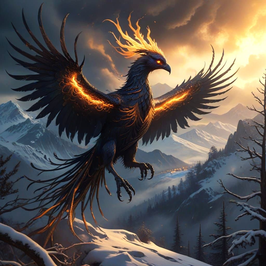 Mist Phoenix Soaring Over Snow Mountains at Dawn