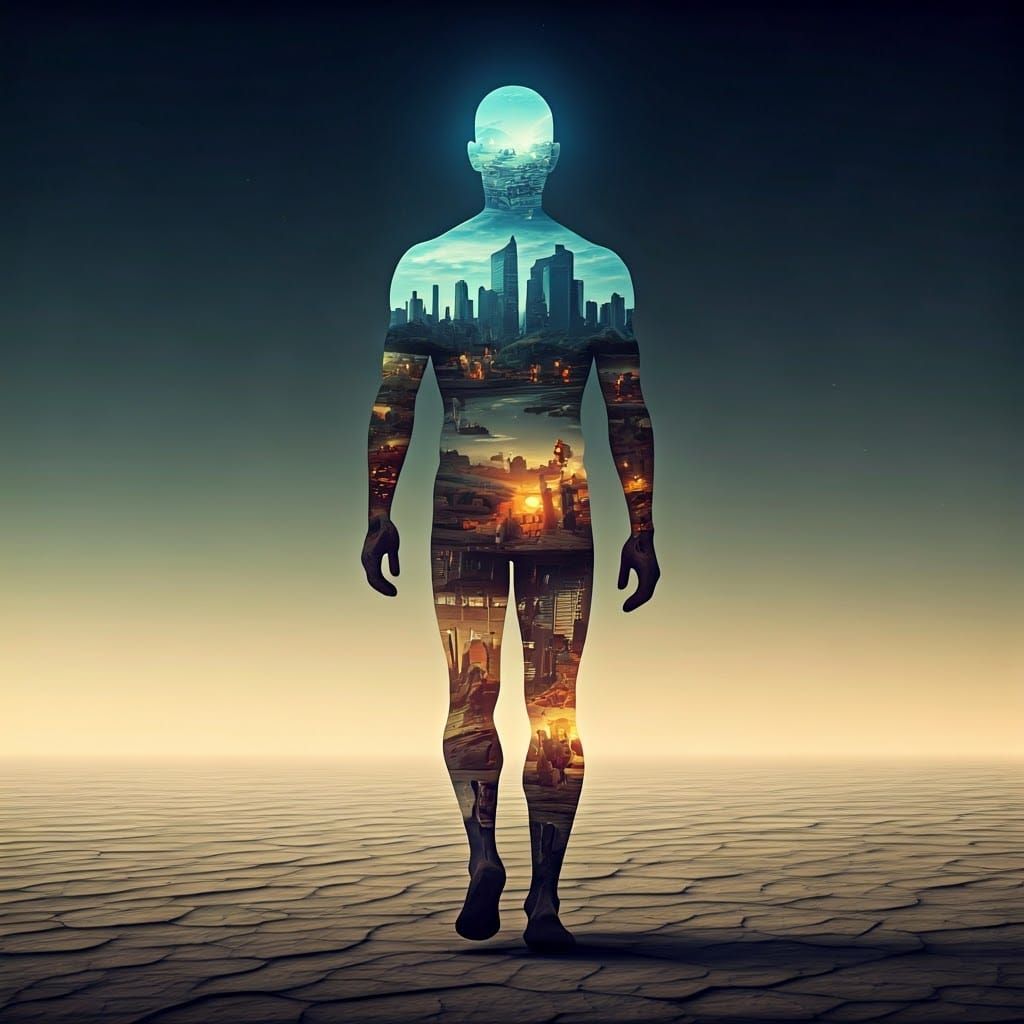 Surreal Figure Emerges from Hyperrealistic Scenes of Life