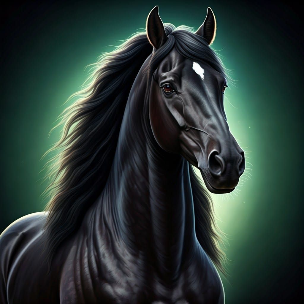 Majestic Black Stallion in Emerald and Sapphire Light