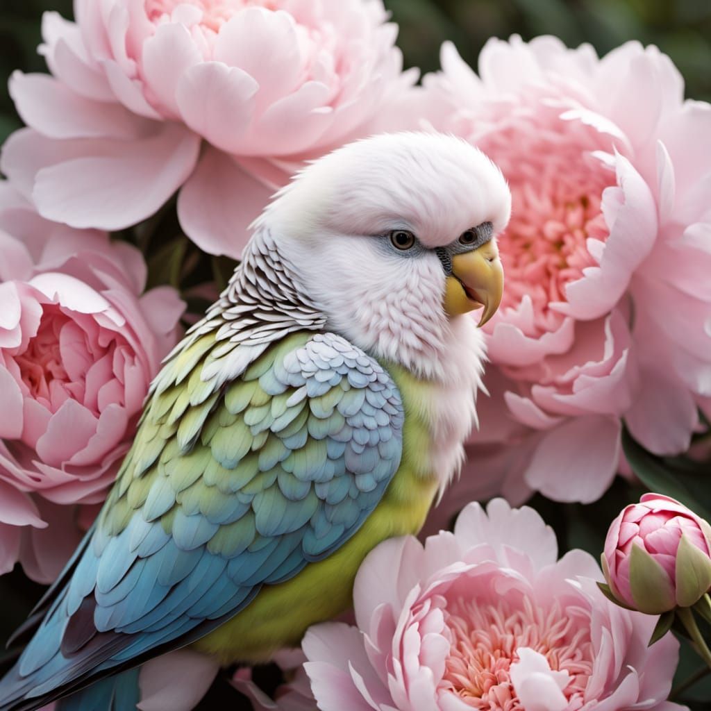 Pastel Budgerigar Perched Among Pink Peonies