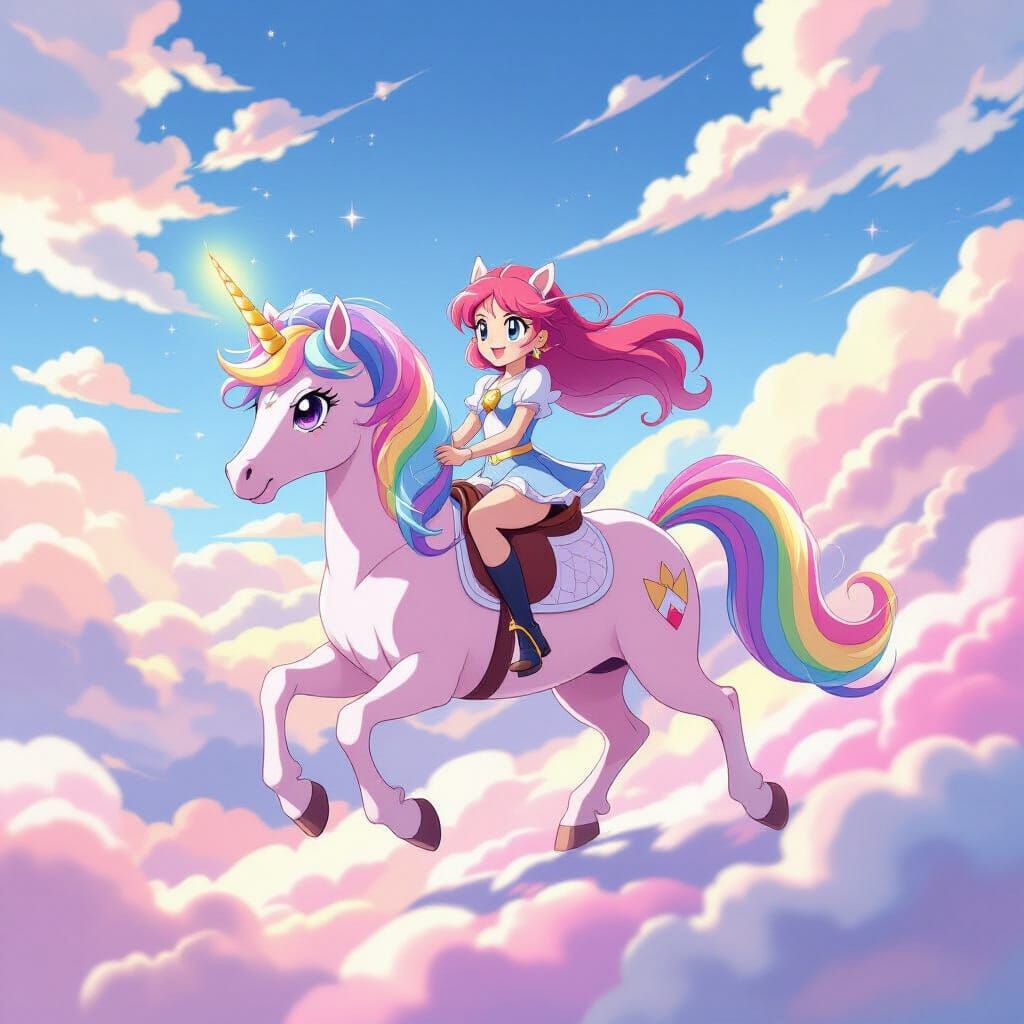 Serena Riding a Magical Unicorn Through Clouds