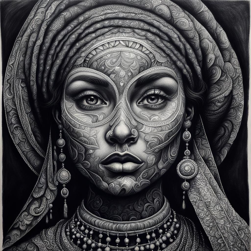 Detailed Charcoal Drawing of a Genie