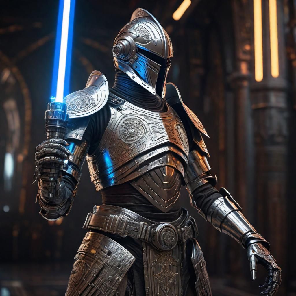 Medieval Cyborg Knight with Lightsaber in Cyberpunk Style