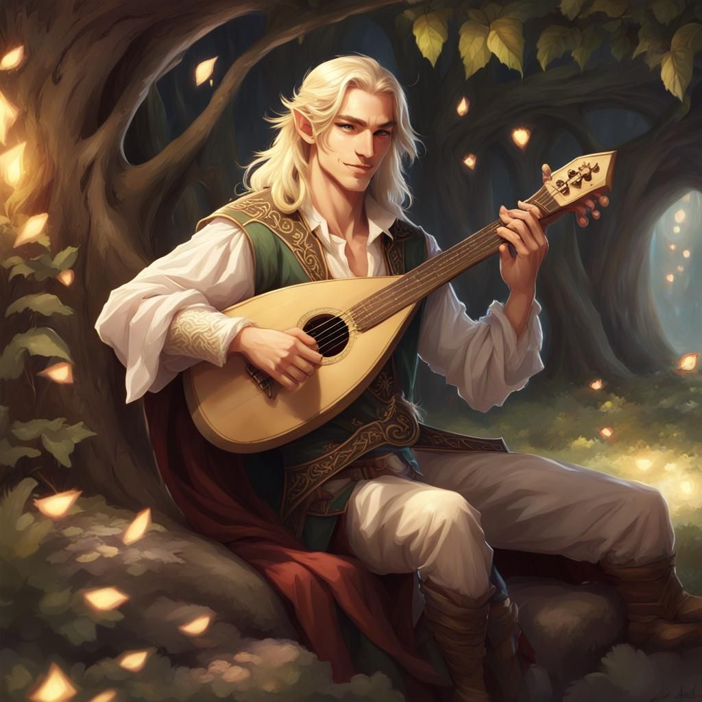 Handsome Half-Elf Bard Playing Magic Lute