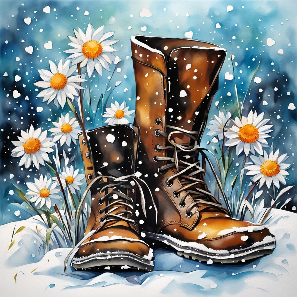 Ink Painting: Winter Boots with Flowers
