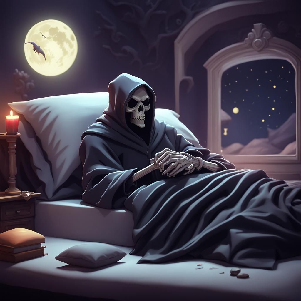 Adorable Cartoon Grim Reaper Sleeping in CGI Style