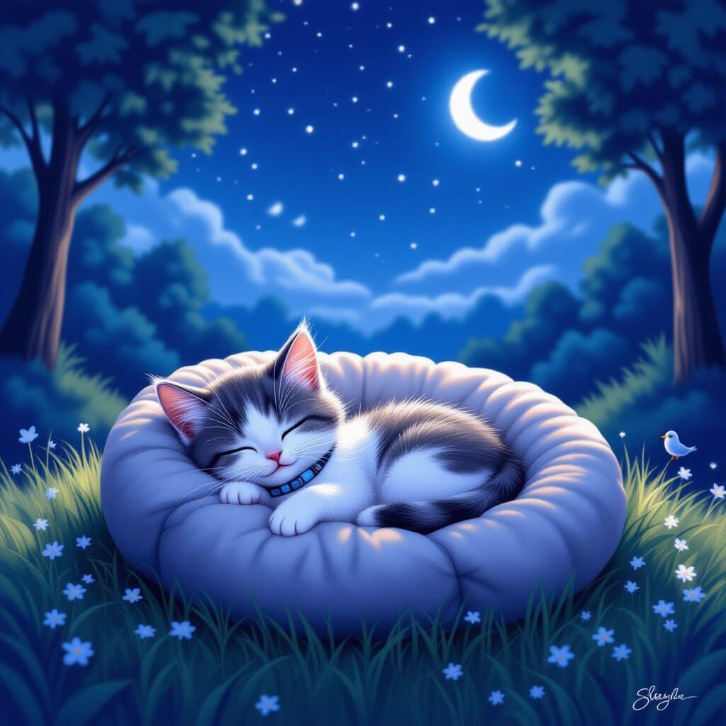 Munchkin Kitten Sleeps Under Starry Sky