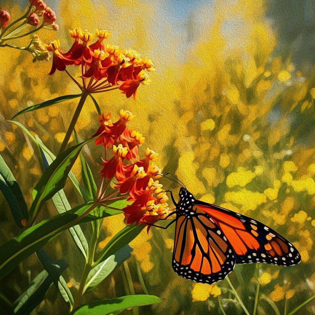 Monarch Butterfly and Milkweed in Watercolor Style