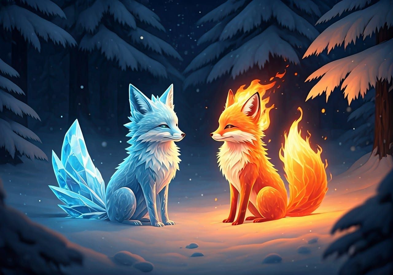 Ice Fox and Fire Fox in Winter Forest, Anime Style