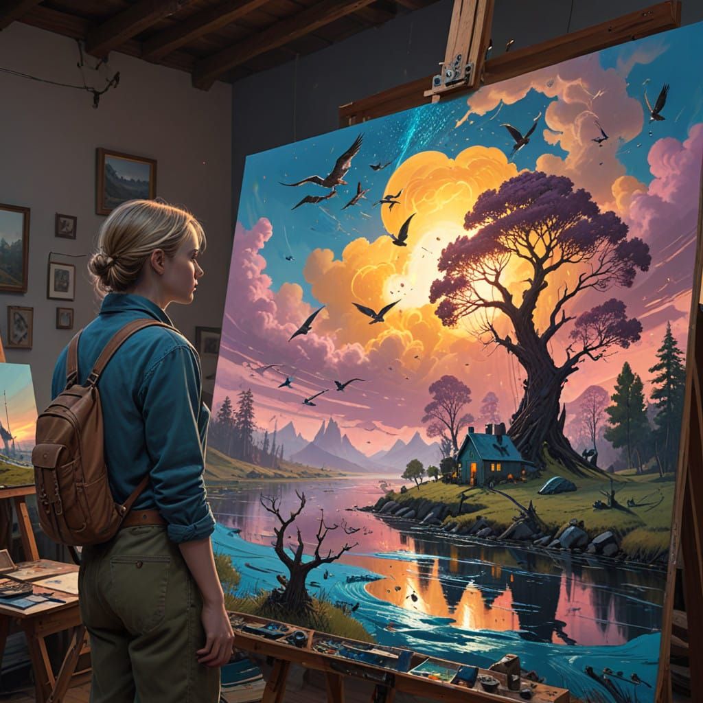 Cinematic Still of a Painter Bringing a Landscape to Vibrant...