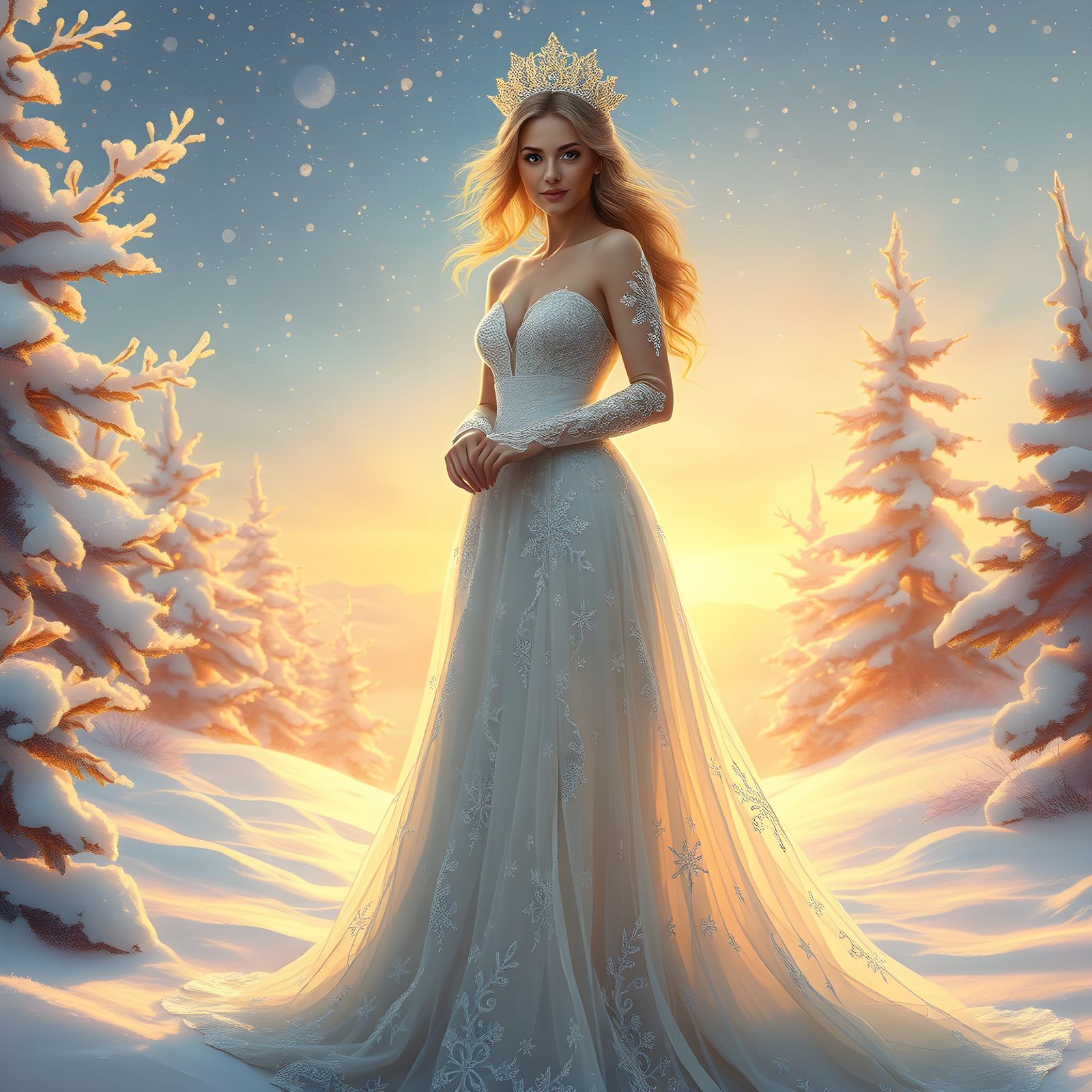 Ethereal Snowflake Princess in a Whimsical Winter Scene