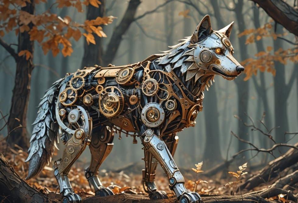 Gold Steampunk Robot Wolf in Woods