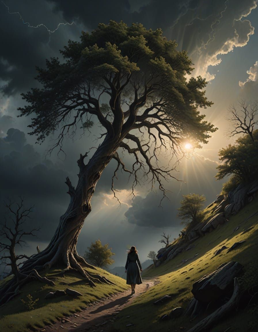 woman walking uphill towards a spooky tree used for hangings...