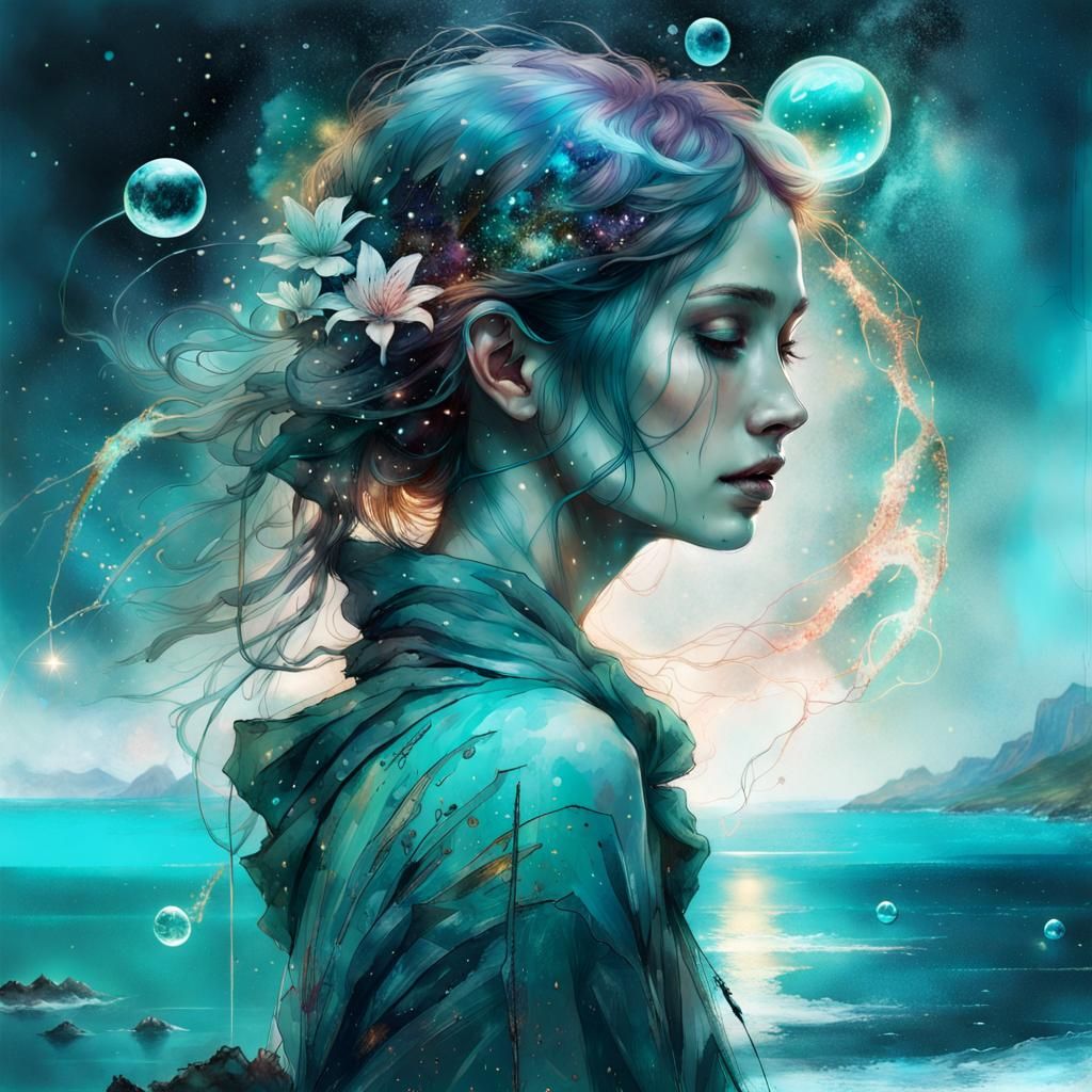 Bioluminescent Island with Double Exposure, Fantasycore Styl...