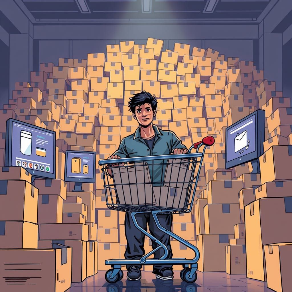 Online Shopper Amidst Boxes And Screens In Comic Style