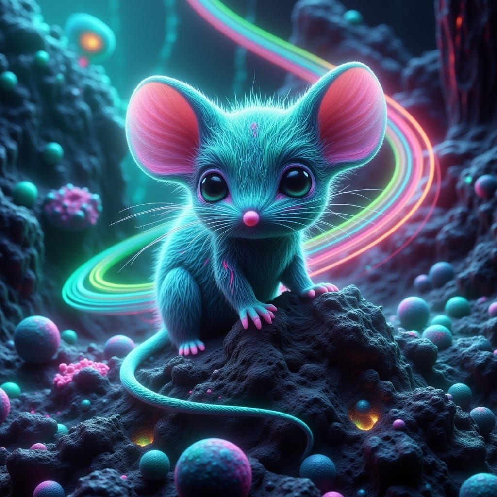 Glowing Xenomorph Chibi Mouse Amidst a Celestial Gas Planet
