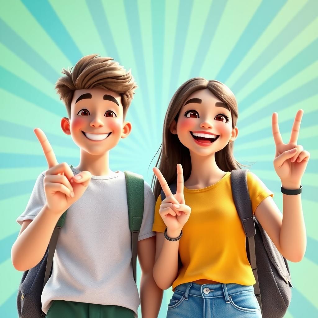 Teen Students Peace Sign in Pixar-Style 3D Art
