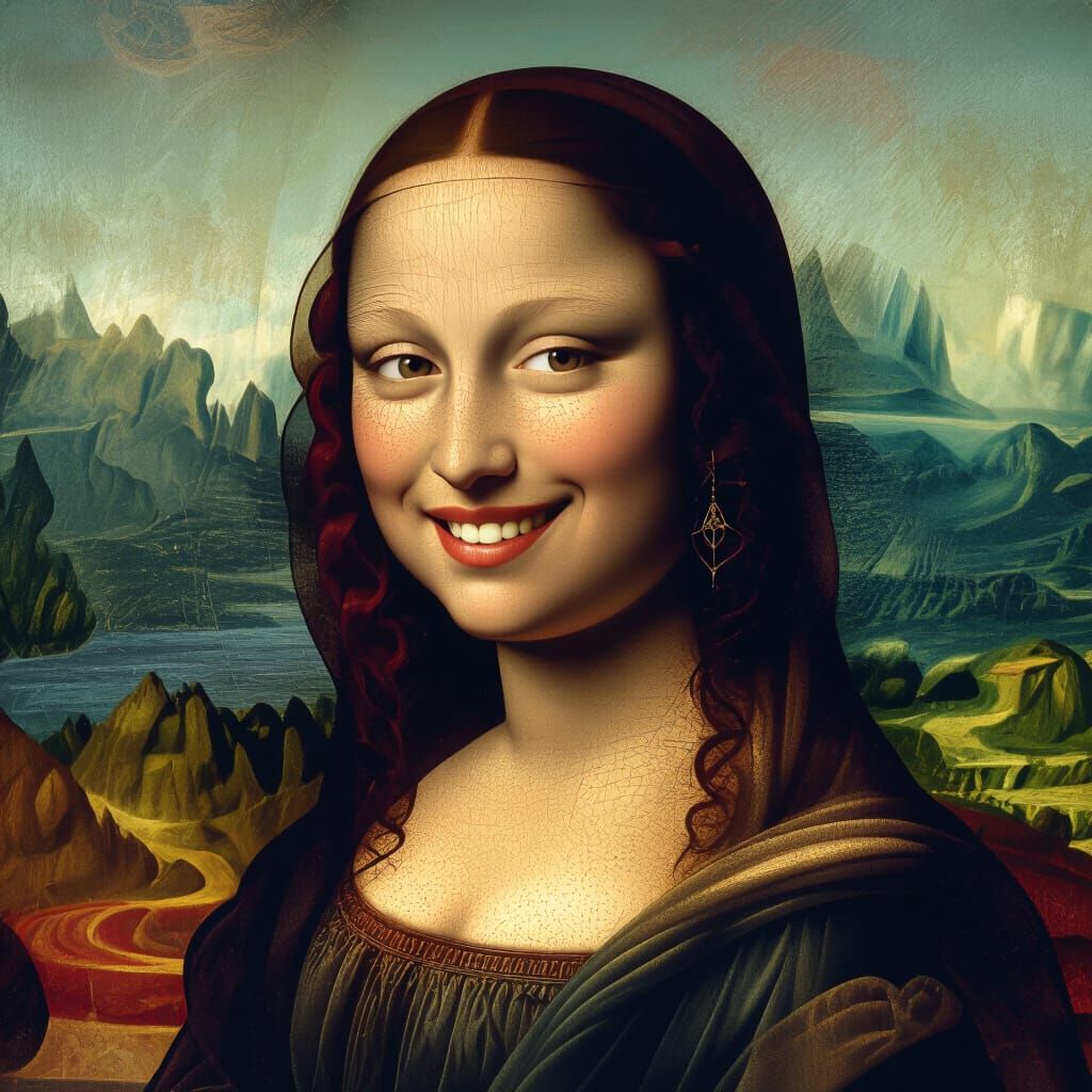 Mona Lisa Laughing with Mischievous Eyes in Fantasy Art Styl...