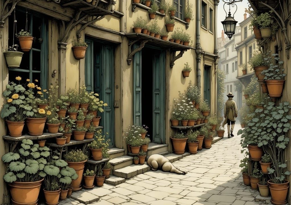 Mediterranean Alley with Flowers and Sleeping Cat