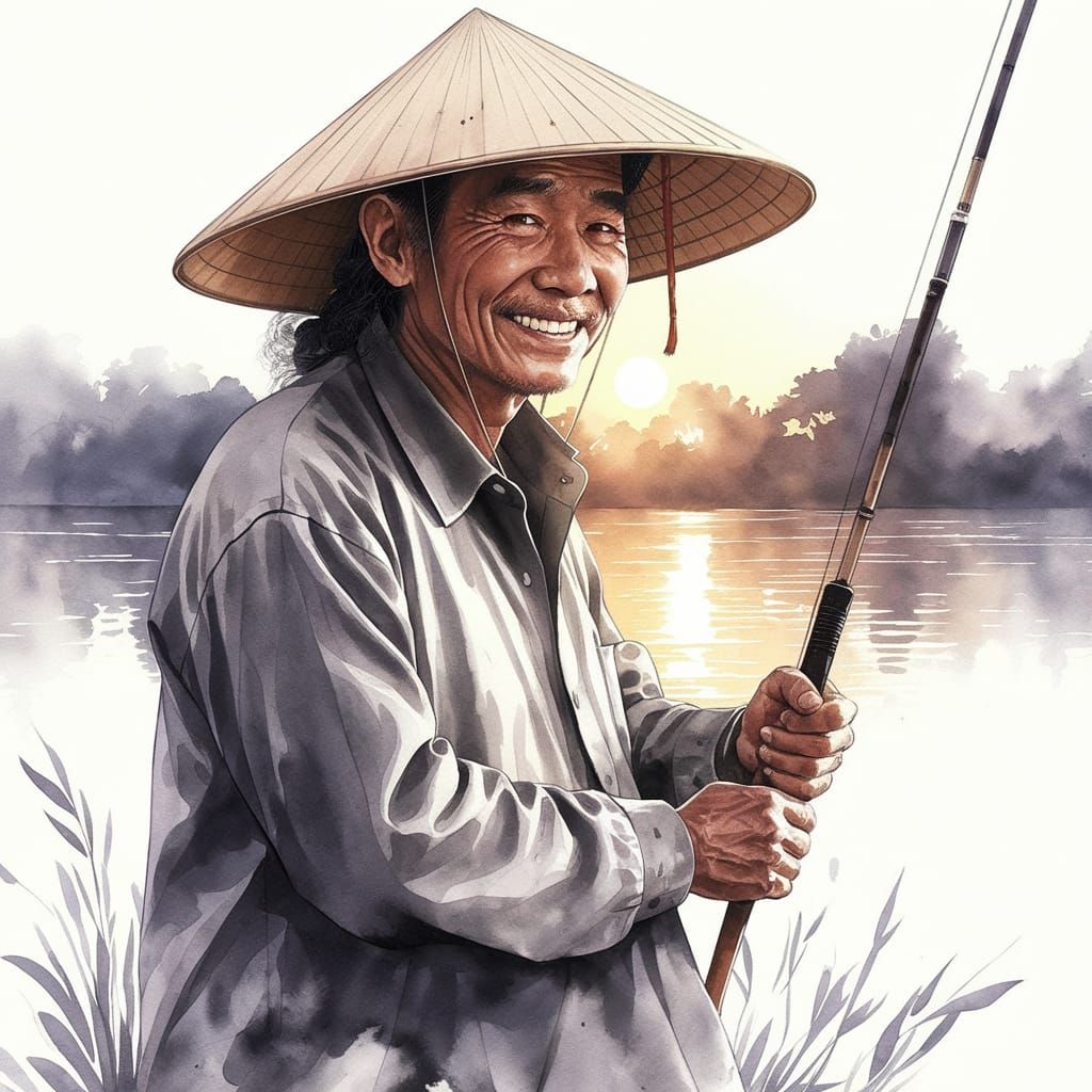 Vietnamese watercolor portrait. An elderly man smiles warmly, wearing a traditional conical hat and holding a fishing ro...