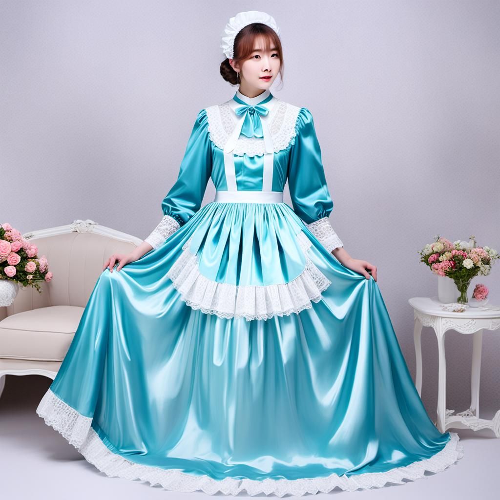 Glossy Maid Dress with Lace Apron and Mixed Fabrics