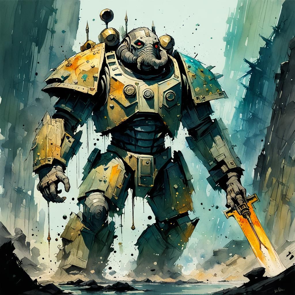 Armored Elephant Warrior in Grim Dark Watercolour
