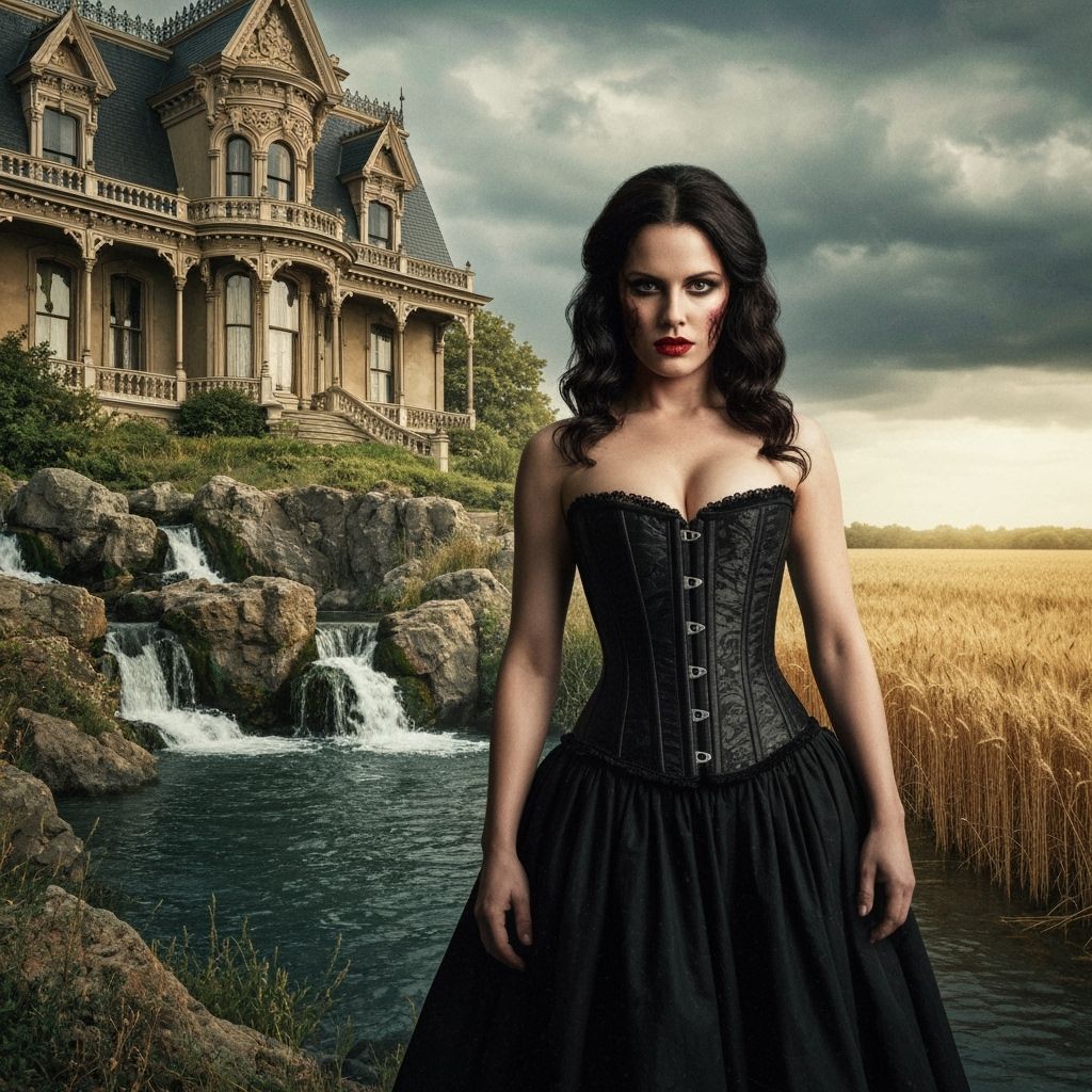 Victorian Woman in Wheat Field Under Stormy Sky