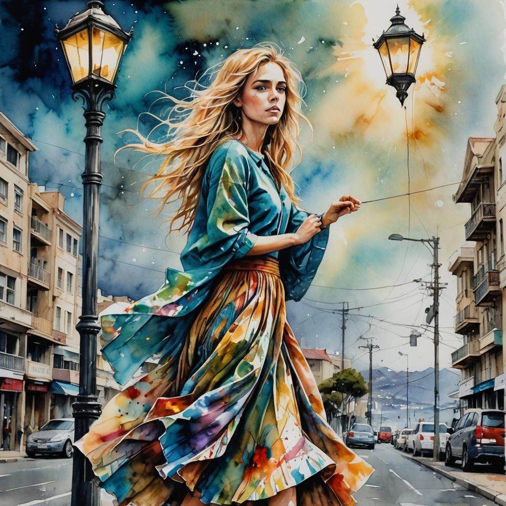 Woman Battles Cape Town Winds: Watercolor Masterpiece