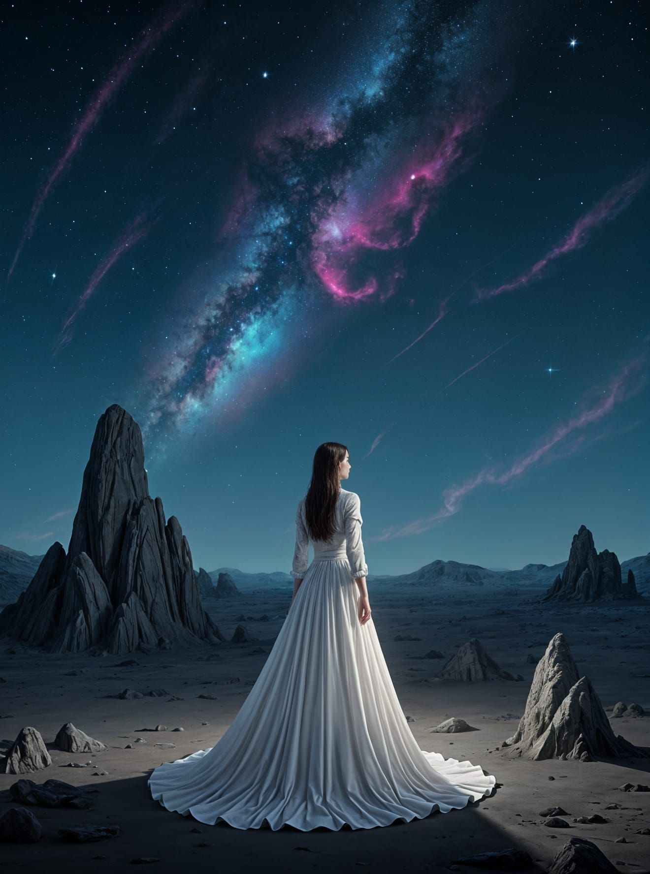 Woman Gazes at Alien Sky in Hyperrealistic Digital Painting