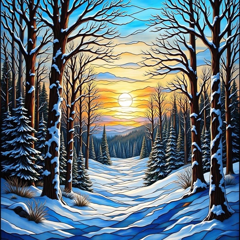 Surreal Stained Glass Winter Landscape in Vibrant Mosaic