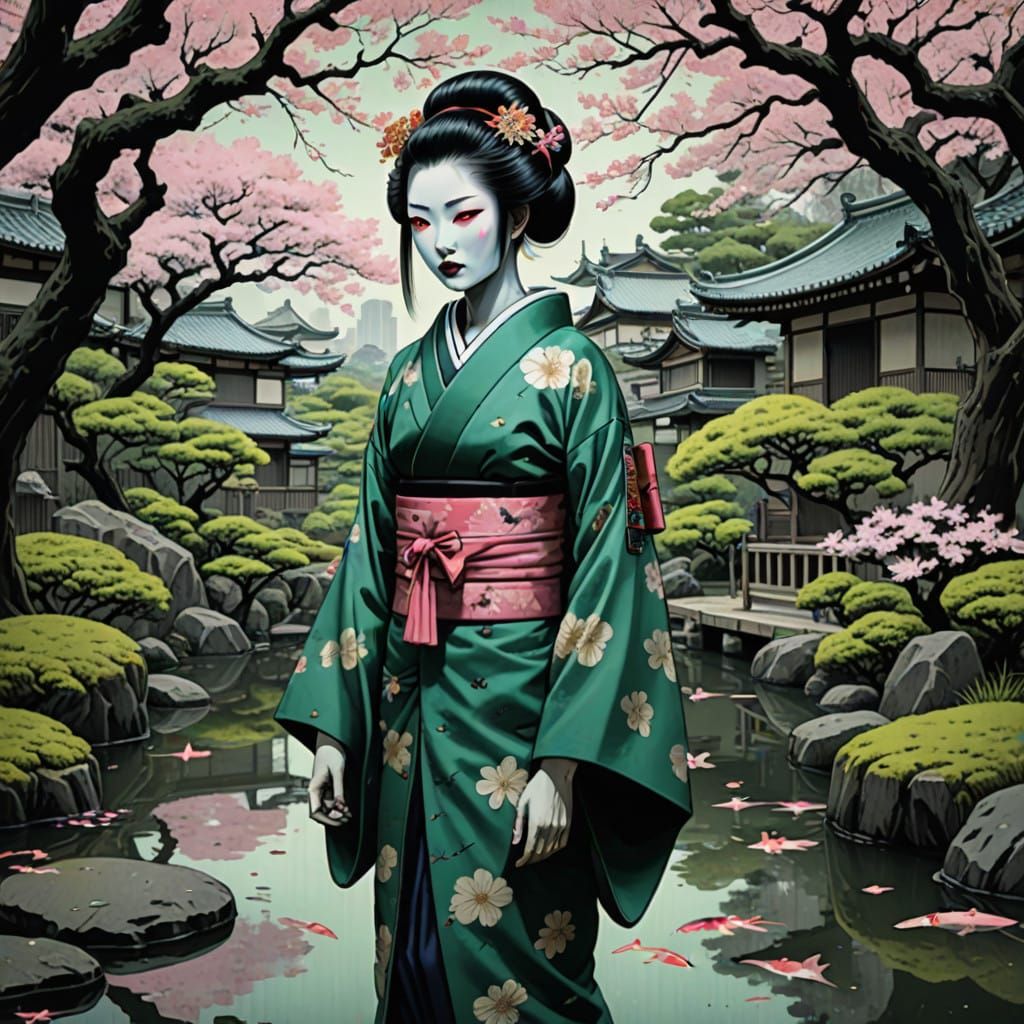 Undead Geisha Rises in Vibrant Japanese Garden Scene
