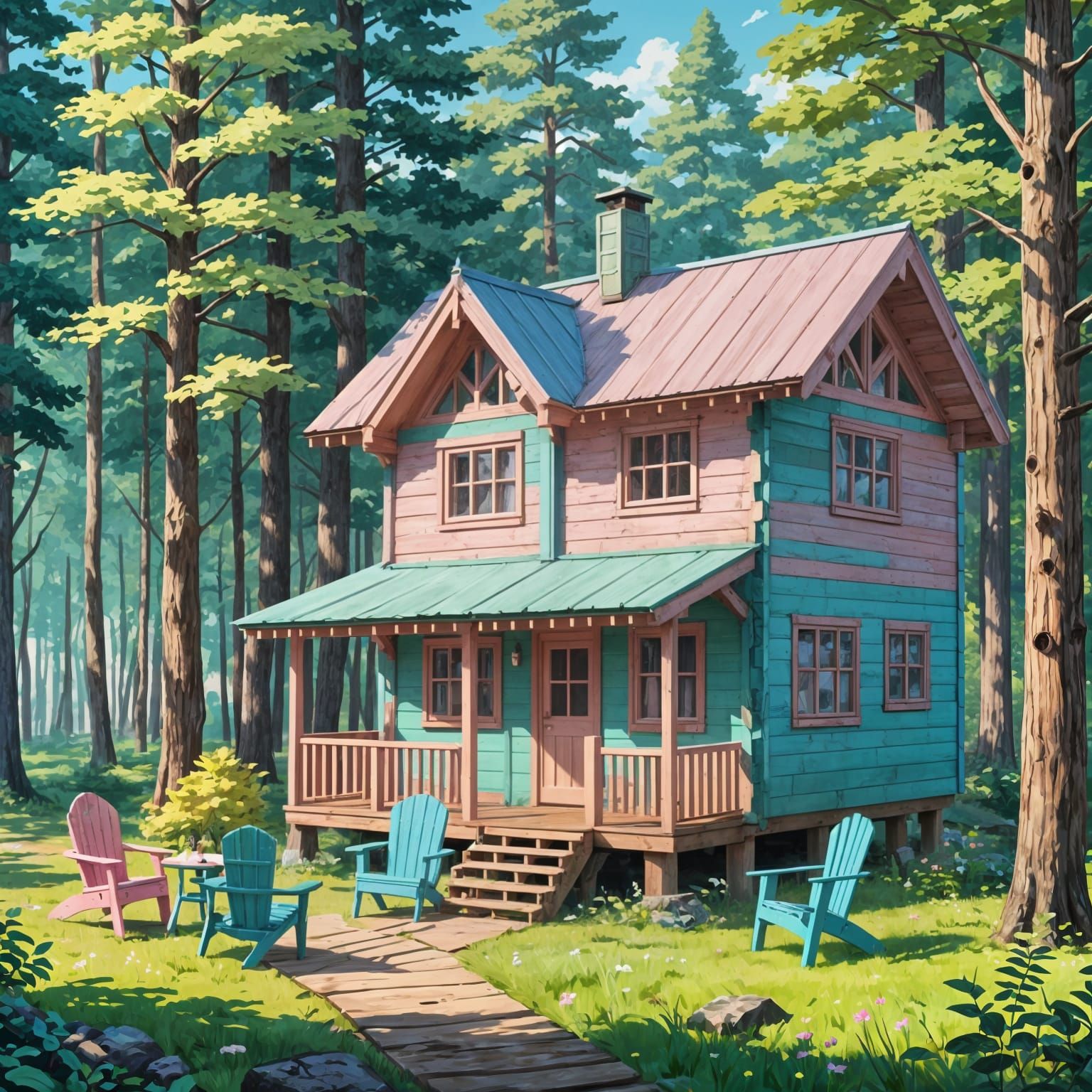 Pastel Cabin in Woods: Anime Style