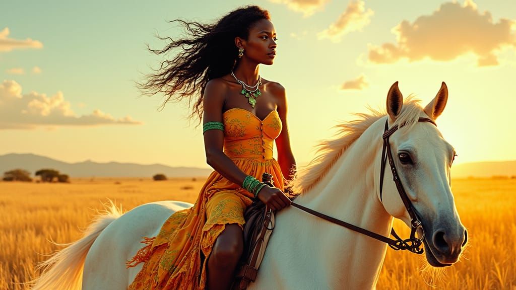African Woman Rides Majestic White Horse in Sun-Drenched Sav...