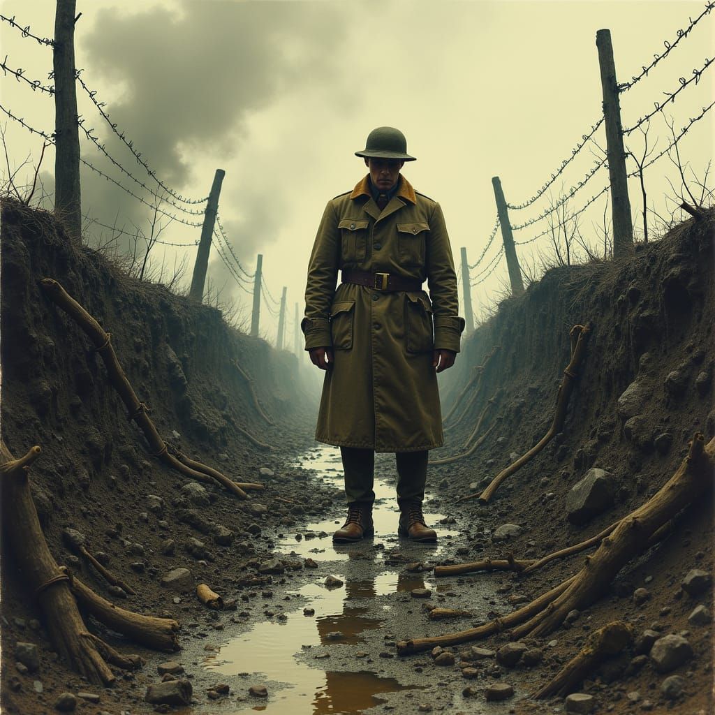WWI Soldier in War-Torn Landscape: Cinematic Style