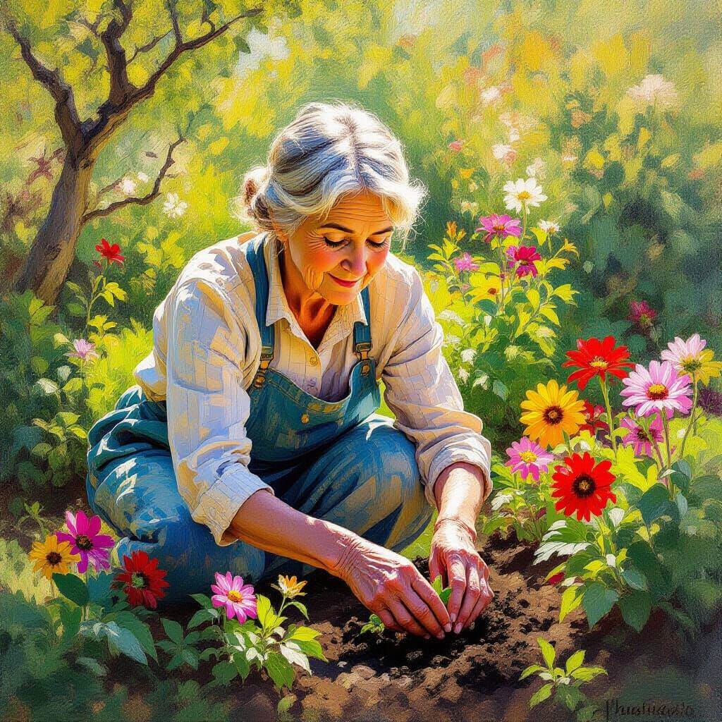 Elderly Gardener Planting Flowers in Golden Hour Glow