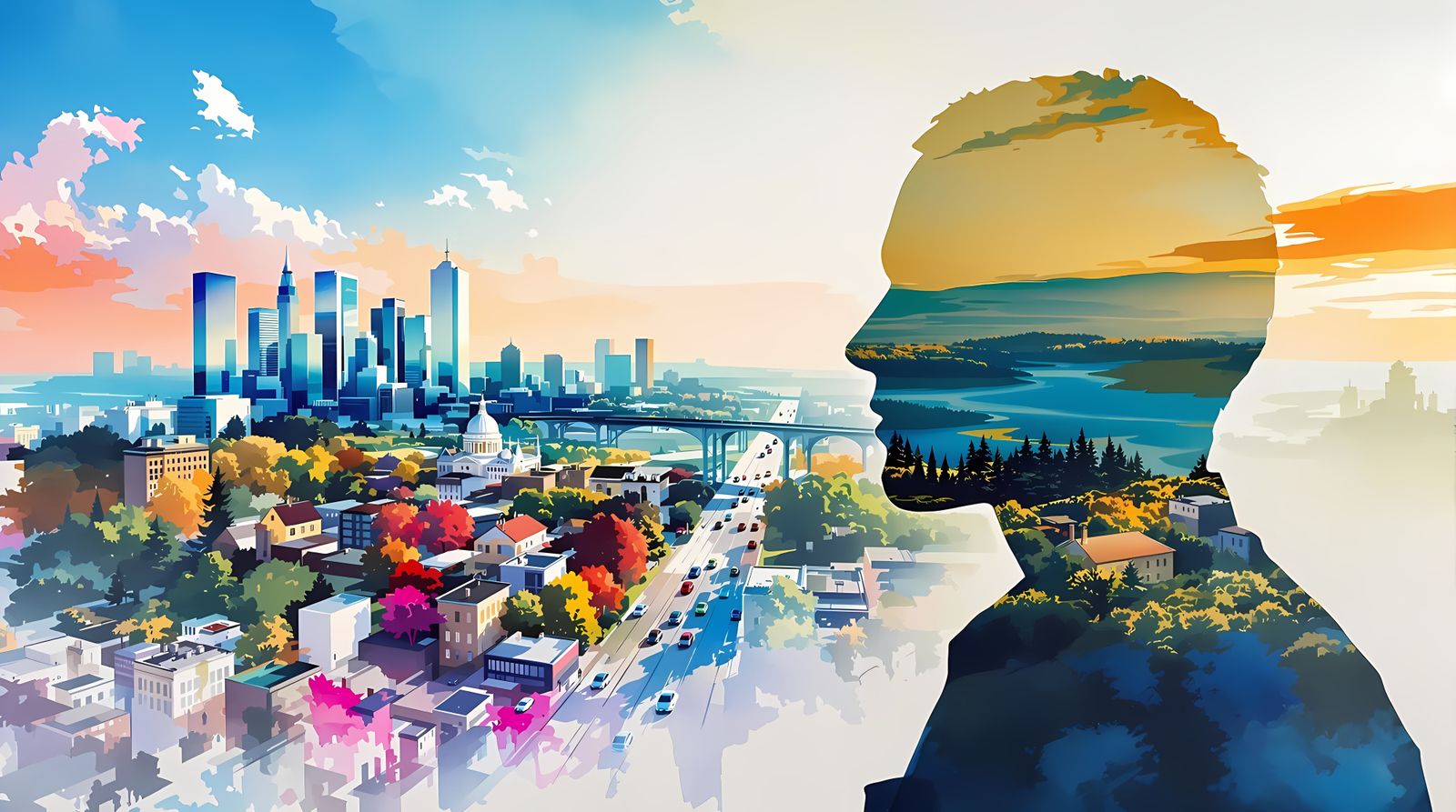 Double-Exposed Cityscape with Historical Landscape