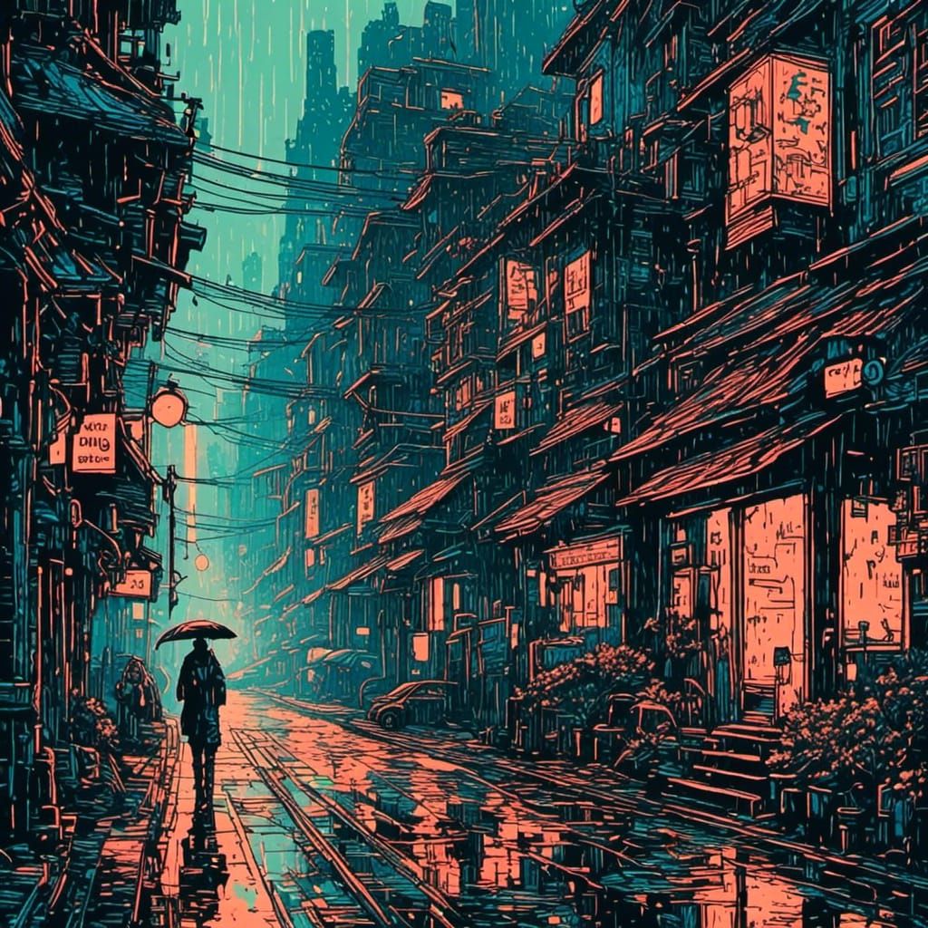 Cyberpunk Dystopian Cityscape in Linocut Style
