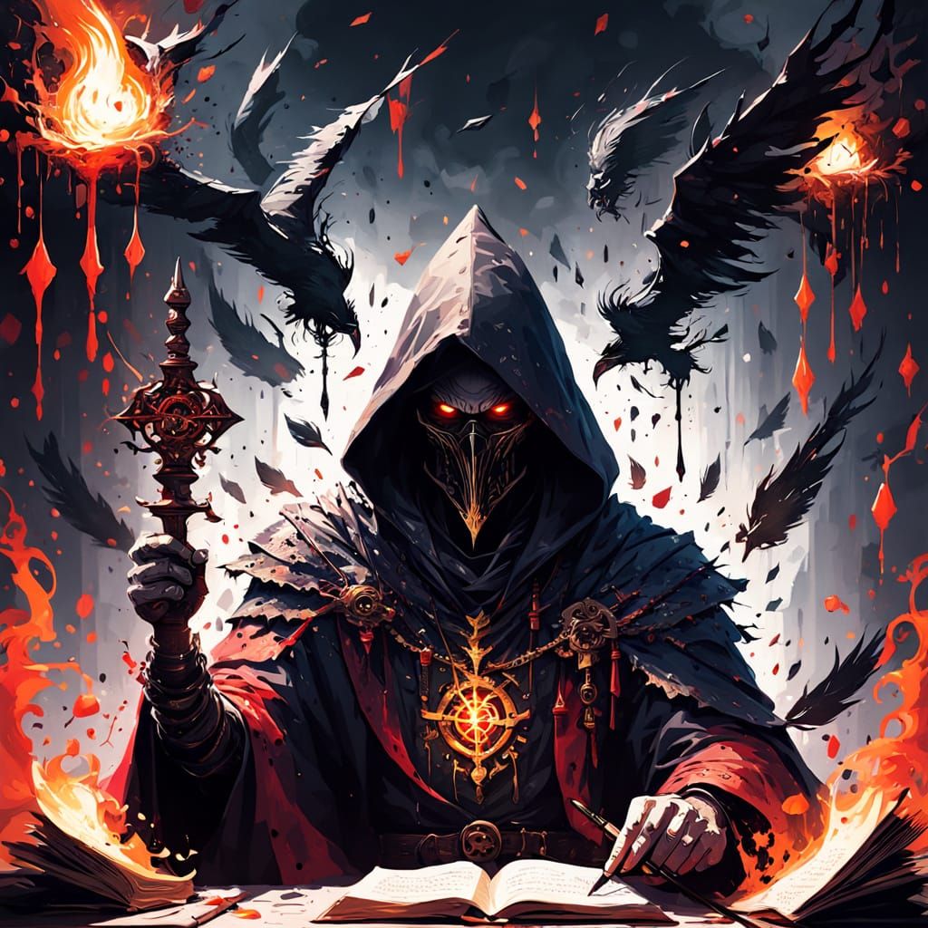 Terrifying Villain Wields Quill in Dark Fantasy Oil Painting