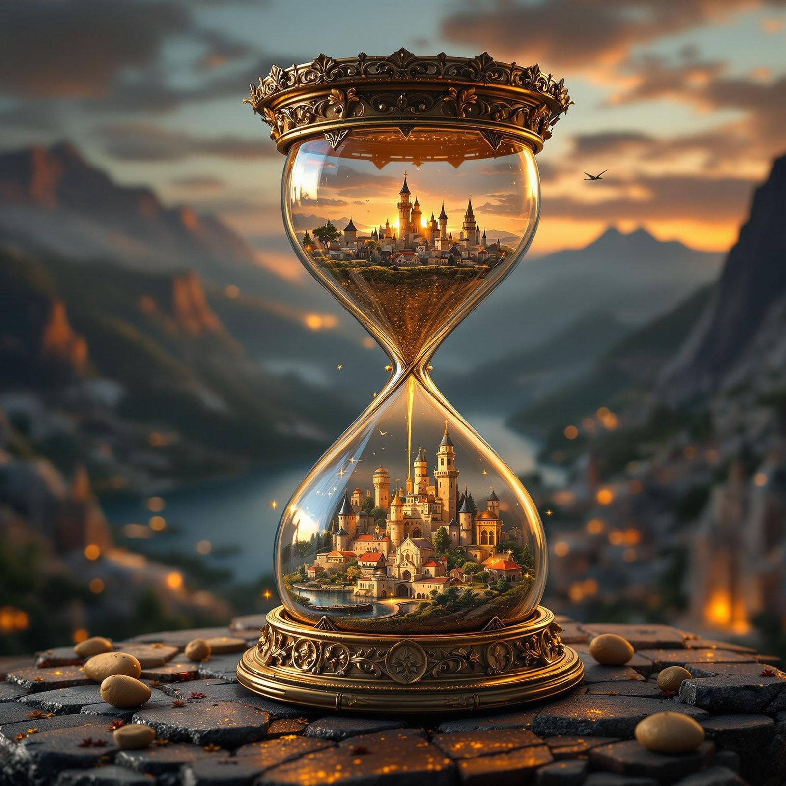 Medieval Cityscape in a Golden Hourglass