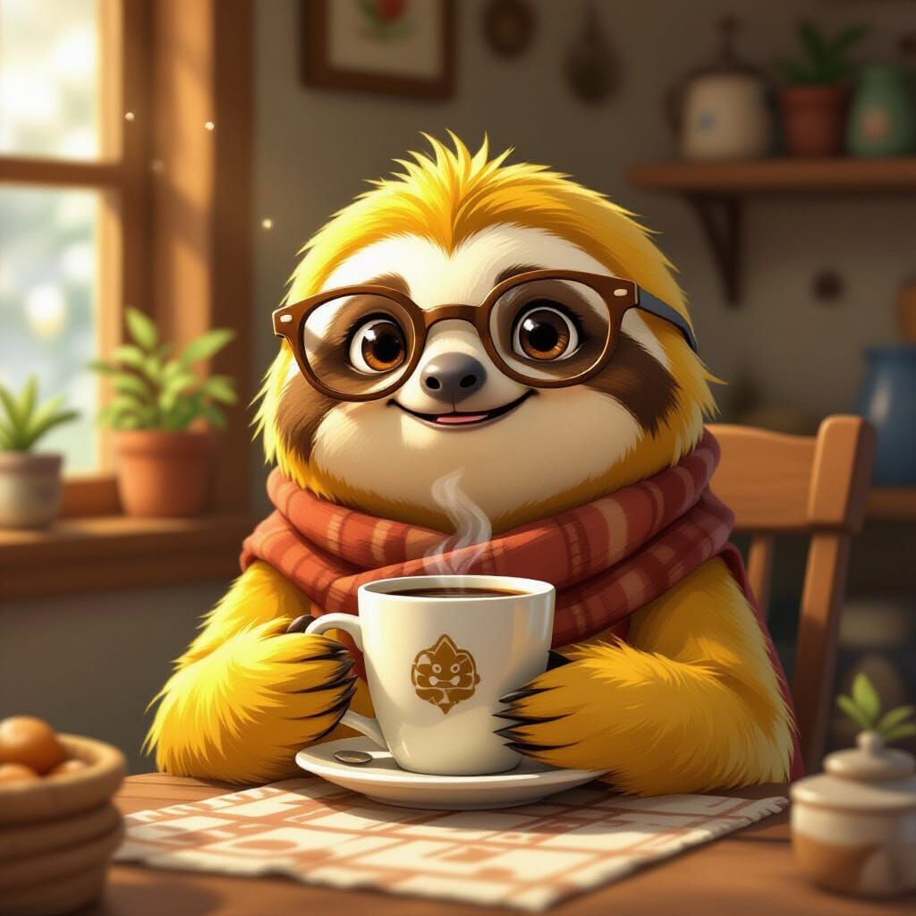 Sloth with Glasses Drinking Coffee, Anime Style