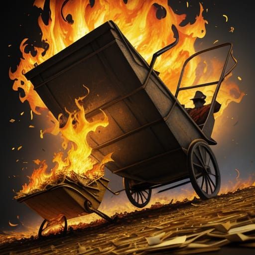 Surreal Man Burning Cash in Wheelbarrows