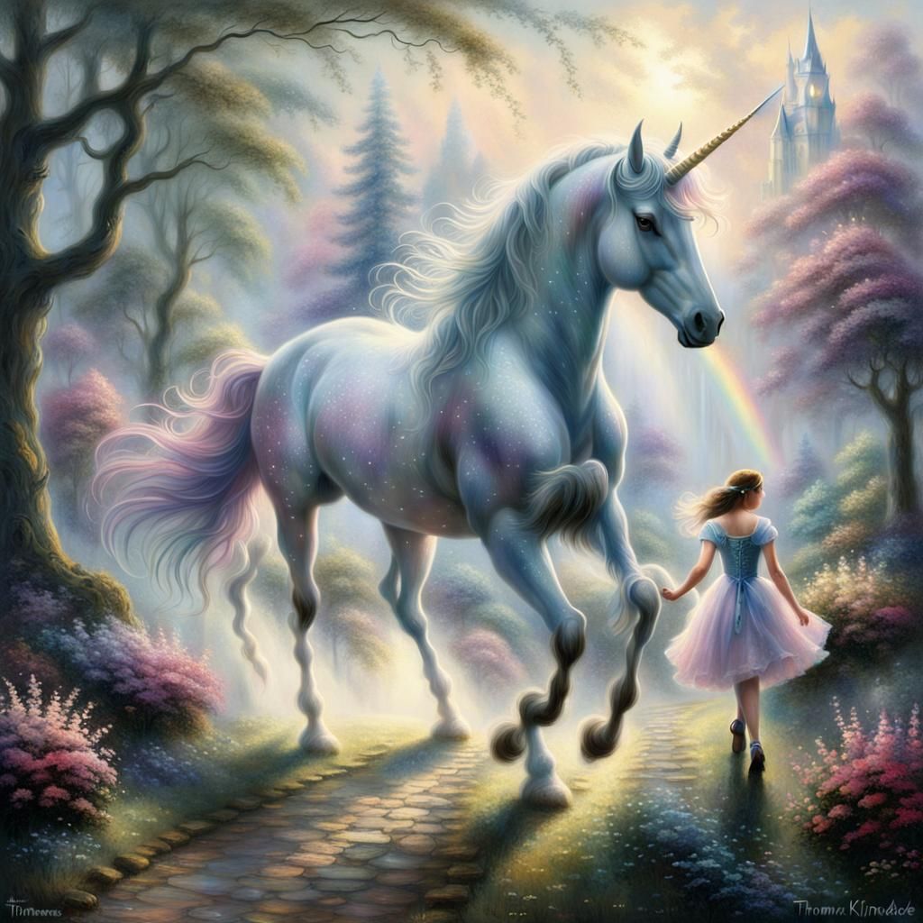 Girl and Unicorn in Ethereal Fantasy Landscape
