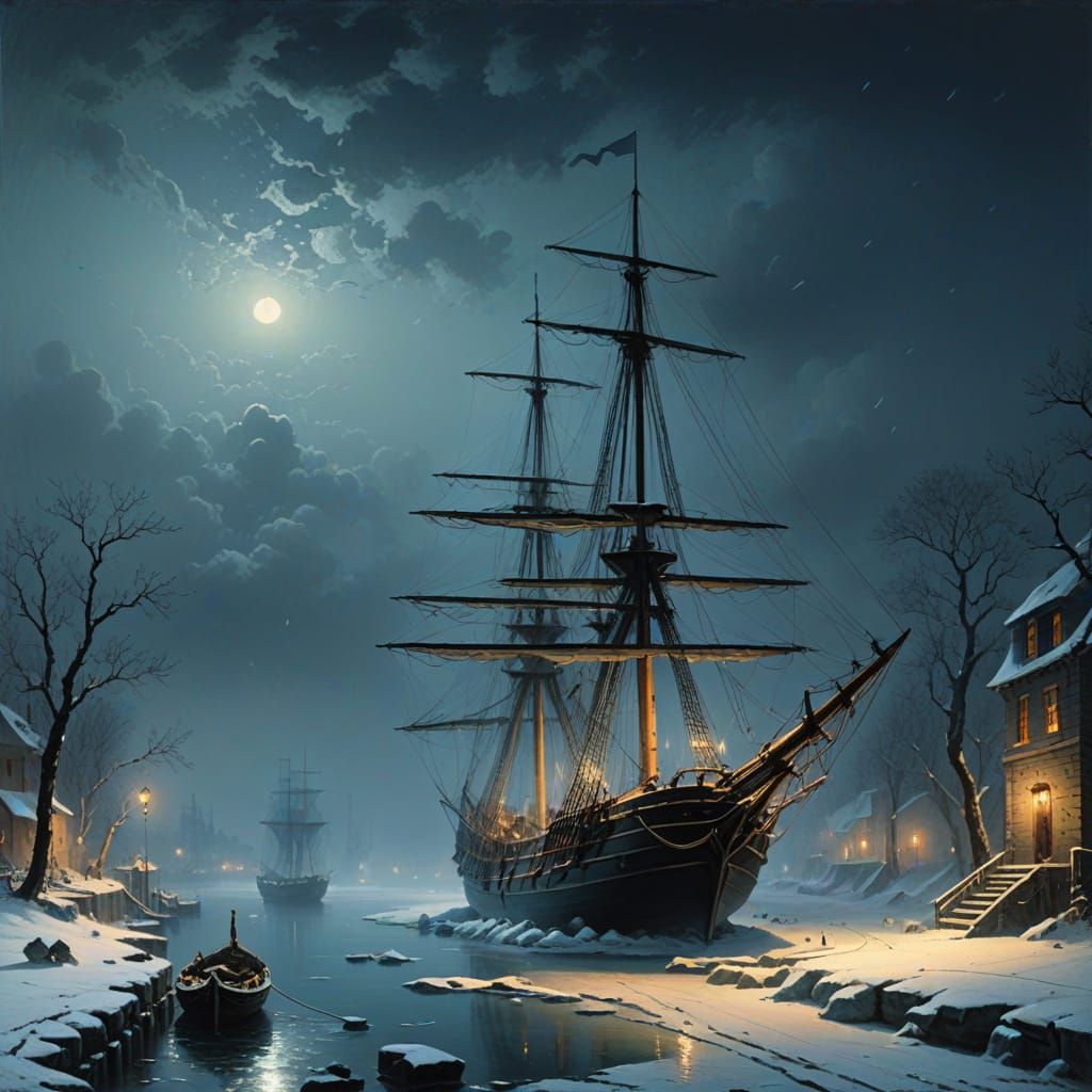 Medieval Ship Docked in Frozen Harbor Under Eerie Moonlight