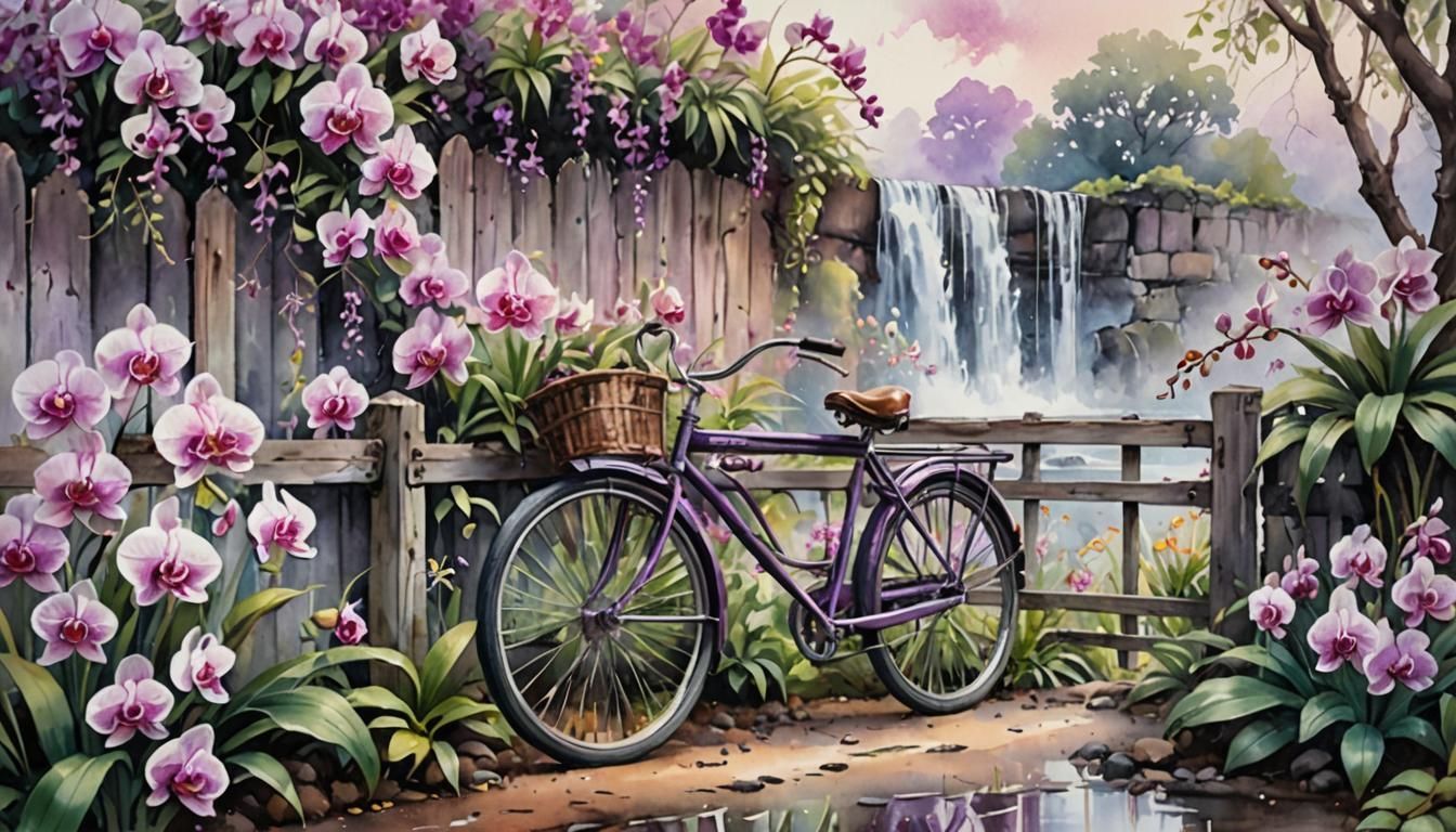 Watercolor Landscape with Vintage Bicycle and Orchids