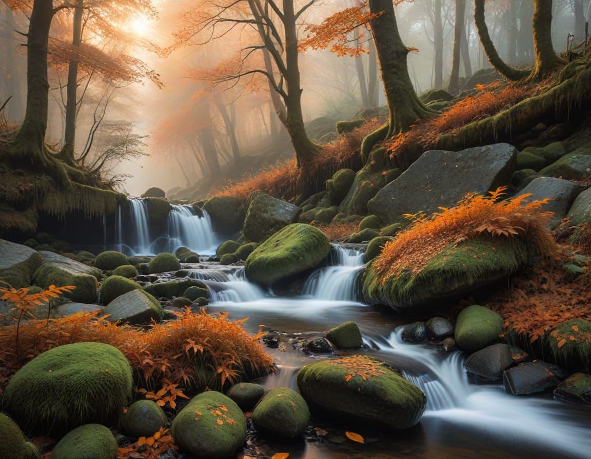 Ethereal Autumn Waterfall in Misty Forest
